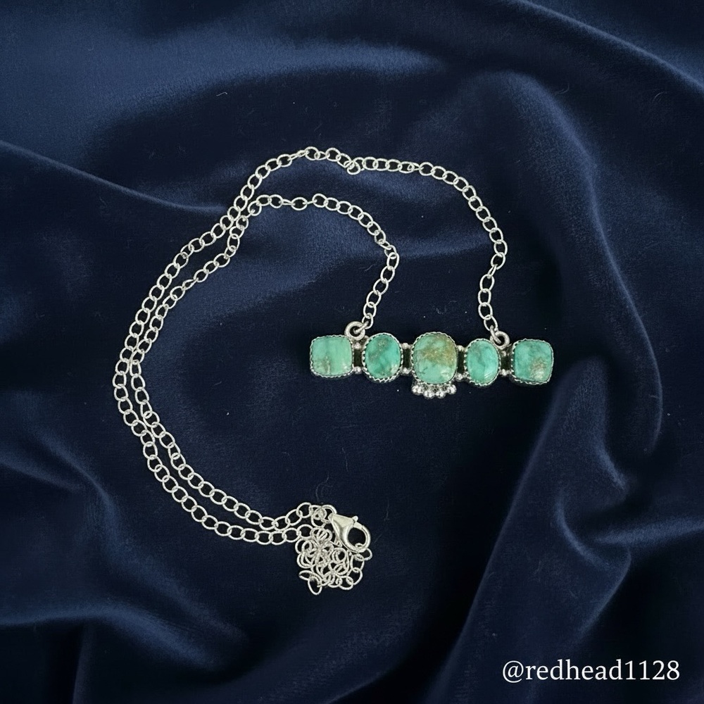 Hand Crafted Turquoise Gemstone Bar Necklace - Silver - Picture 7 of 13